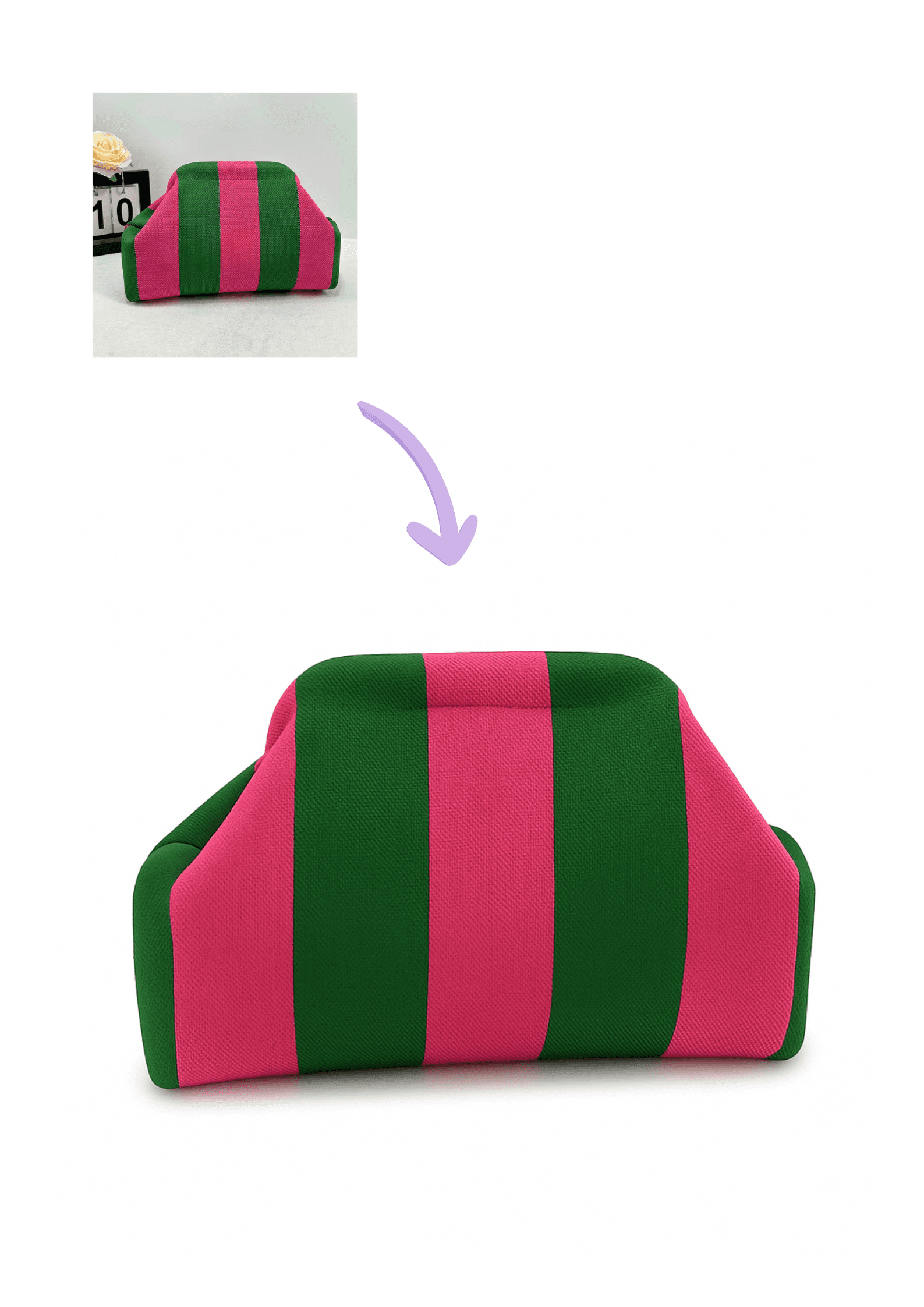 A handbag on a sofa, and the same handbag on a plain white background