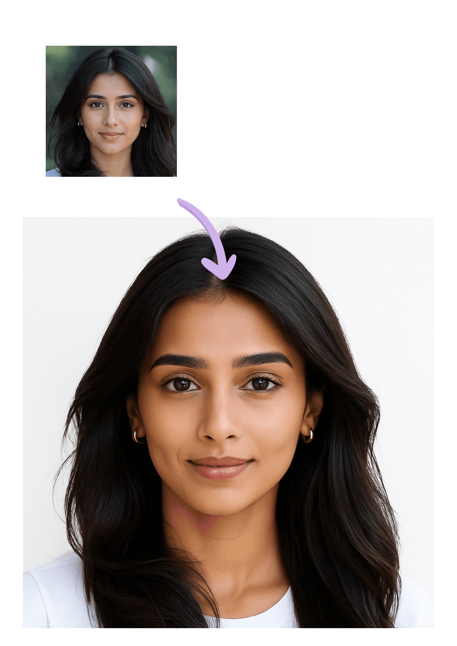 A portrait against a patterned wall, and the same portrait on a plain white background
