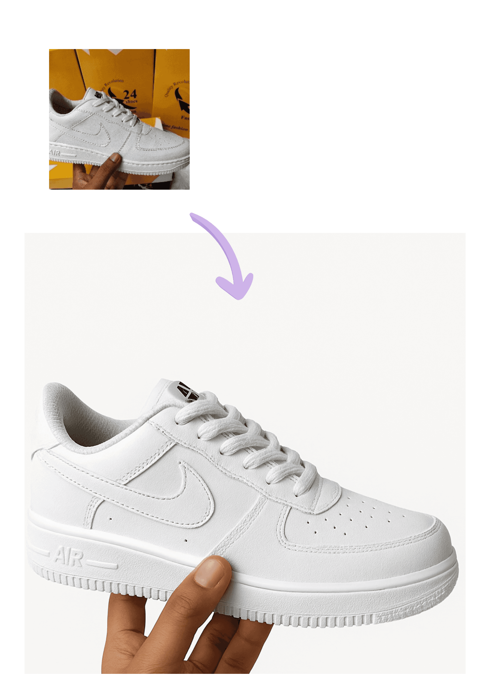 A sneaker on a cluttered desk, and the same sneaker on a plain white background